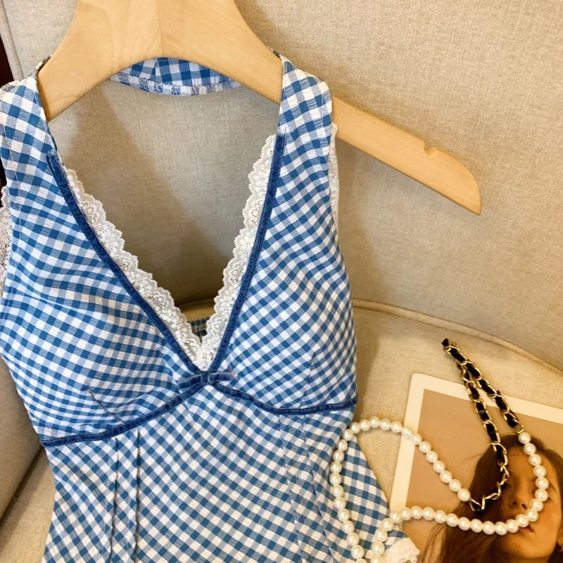 French Sweet Spicy Camis Hanging Neck Camisole Lace Patchwork Plaid Print Short Top Sexy Deep V-neck Bandage Halter Crop Tops voguable