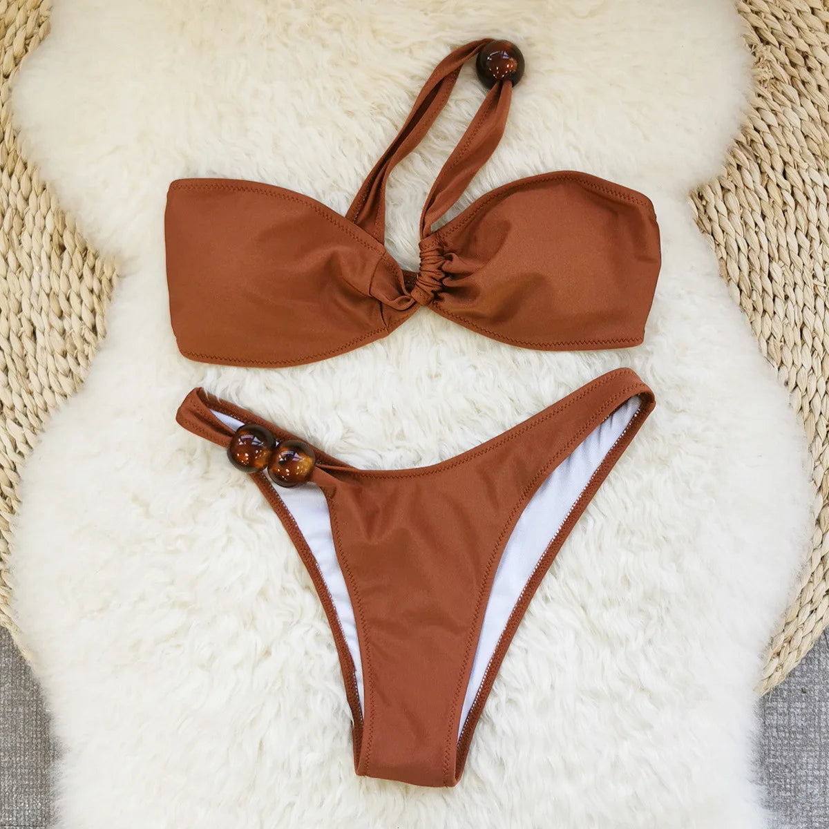 Voguable  Sexy One Shoulder Bikinis Sets Women Coffee Pleate Push Up Micro Swimsuit Summer Bathing Suit Bead String Thong Swimwear voguable