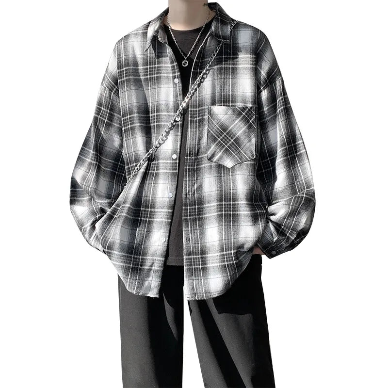 Harajuku Long Sleeve Plaid Shirts Men Big Size M-5XL Autumn Chic Loose Vintage High Street All-match Gentleman Camisa voguable