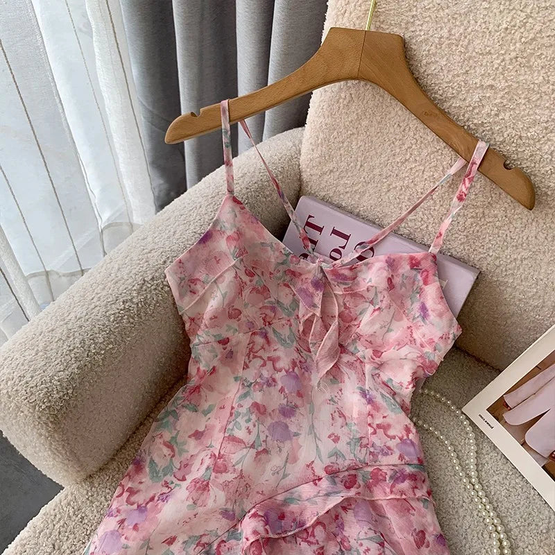 Voguable Women Sexy Backless V-Neck Floral Print Suspender Dresses  2023 Summer High Waist Chiffon Hotsweet Beach Ruffles Dress voguable