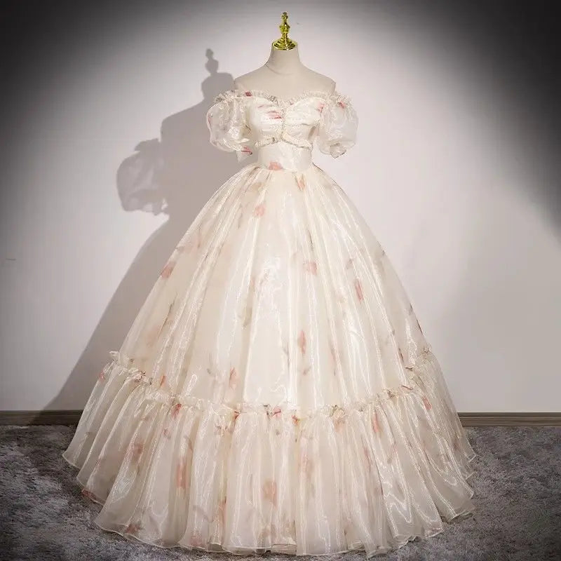 Champagne Off Shouder Strapless Elegant Evening Dress Fairy Sweet Stage Performance Princess Long Wedding Dresses for Women voguable
