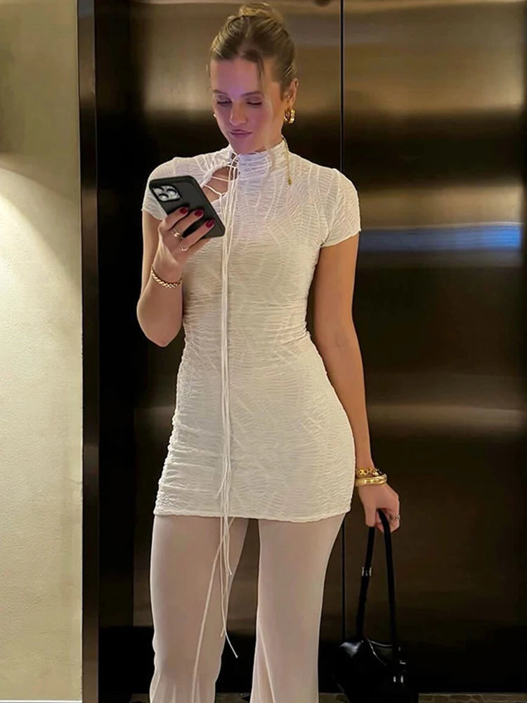 Jacquard Shirring Dress Women See Through Sexy Elegant Chic Y2K Shorts Sleeve Peach Hip Simple Fashion Mini Bodycon voguable
