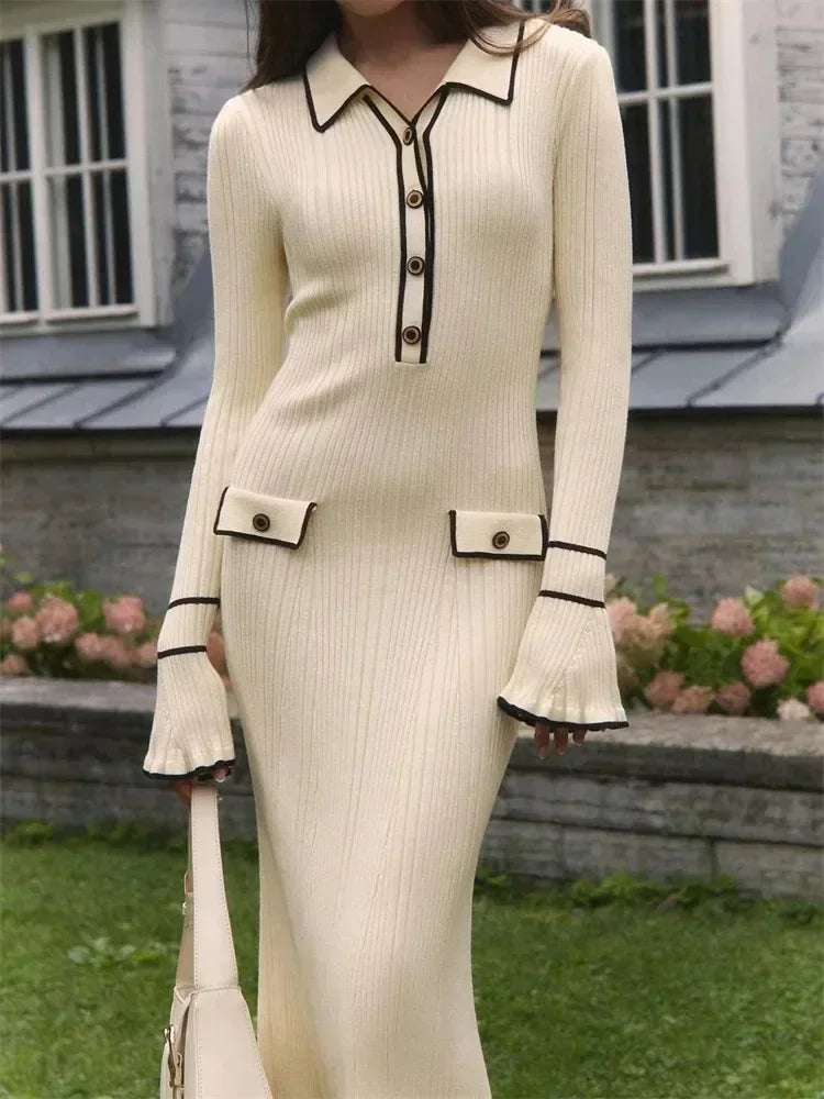 TARUXY Knitted Mini Dress Women Autumn Winter Ruffled Rib High Waist Elegant Dresses Womens Long Sleeve Banquet Dress For Woman voguable