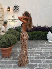 Sexy Lace Patchwork Women Leopard Print Maxi Dress Fashion Deep V-neck Sleeveless Backless Dresses Female High Street Slim Robes voguable