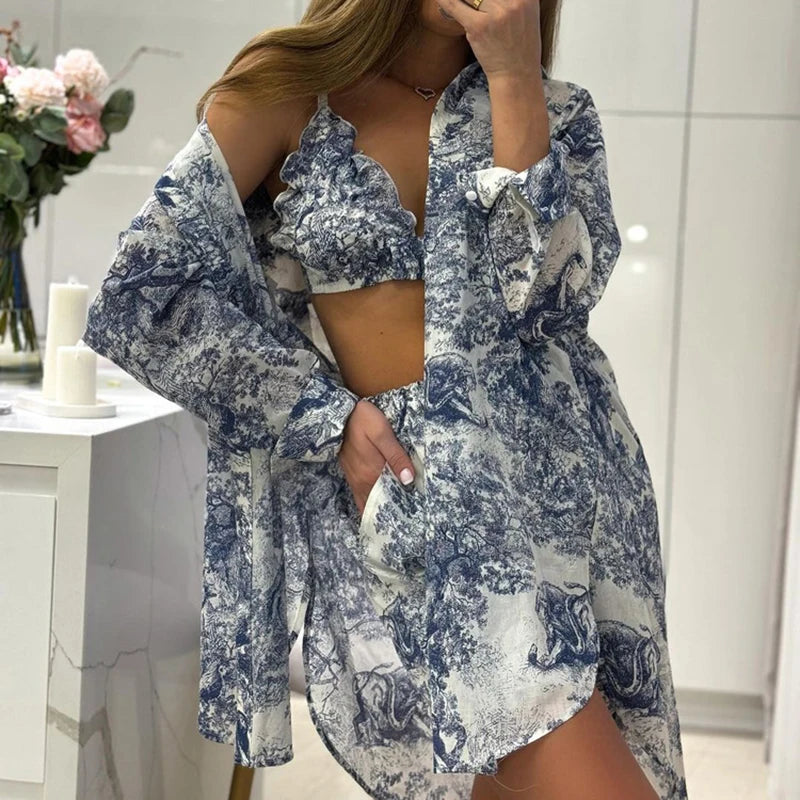 Voguable  Fashion Loose Print 3 Piece Shorts Sets Women Outfit 2024 Elegant Long Sleeve Shirt + Bra With High Waist Shorts Set Streetwear voguable