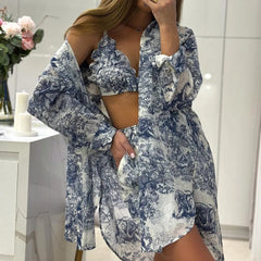 Voguable  Fashion Loose Print 3 Piece Shorts Sets Women Outfit 2024 Elegant Long Sleeve Shirt + Bra With High Waist Shorts Set Streetwear voguable