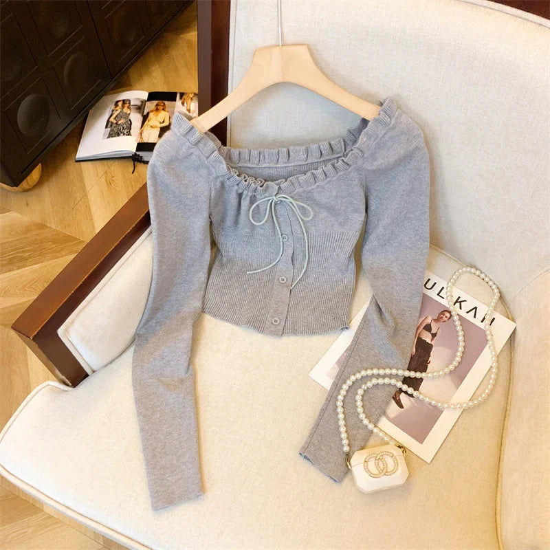 Autumn Winter Woman Slim Pullovers Slash Neck Sweater Long Sleeve Knitwear 2000s Aesthetic Korean Fashion Vintage Cute Core Chic Pbong
