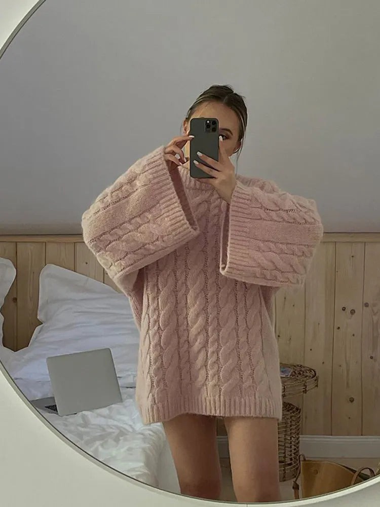 Elegant Sweet Pink Round Neck Knitted Sweater Women Casual Long Sleeve Loose Warm Pullover 2024 New Autumn Lady Commute Knitwear voguable
