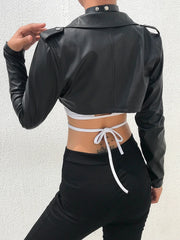 Voguable  Black PU Leather Crop Jacket Street Wear Punk Style Women Coats Long Sleeve Turn-Down Zipper Short Jacket Fashion voguable