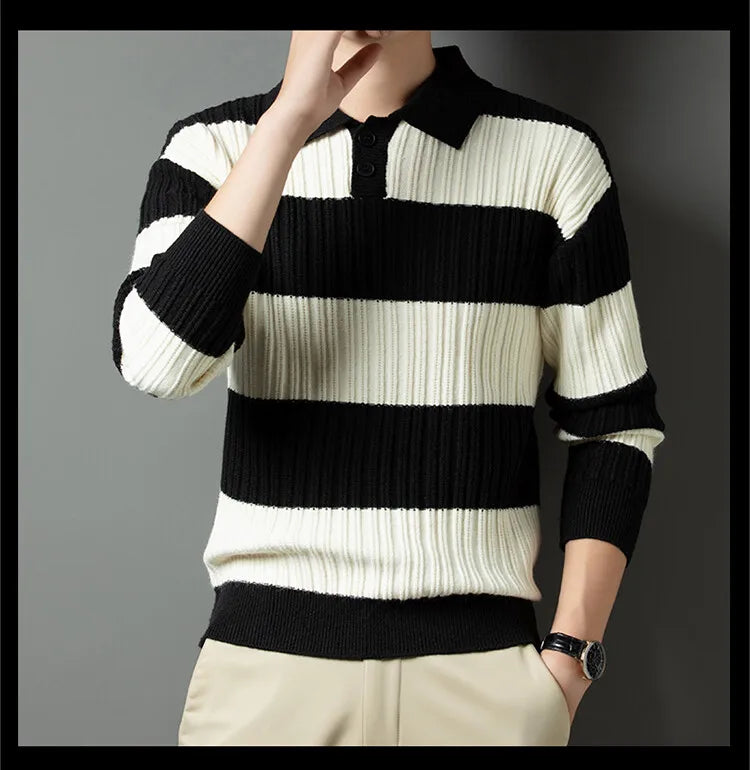 Voguable  Polo Shirt Luxury Men's Pullover Sweater Fashion Thick Warm Sweater Striped Casual T-shirt Men's Top Loose Knitwear voguable