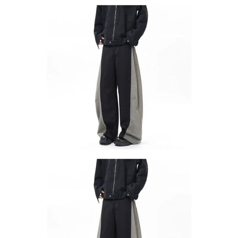Voguable  Men's Panel Wide-Leg Pants Contrast Herringbone Side Stripe Baggy Fit voguable