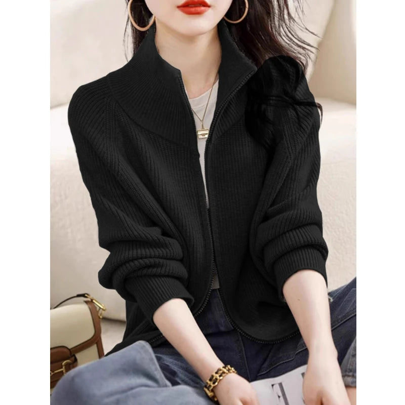 Women's Zip Up Sweater Cardigan Cozy Knit Stand Collar Zipper Front Plain Sweater Jacket Female Korean Chic Fall Winter Outfit voguable