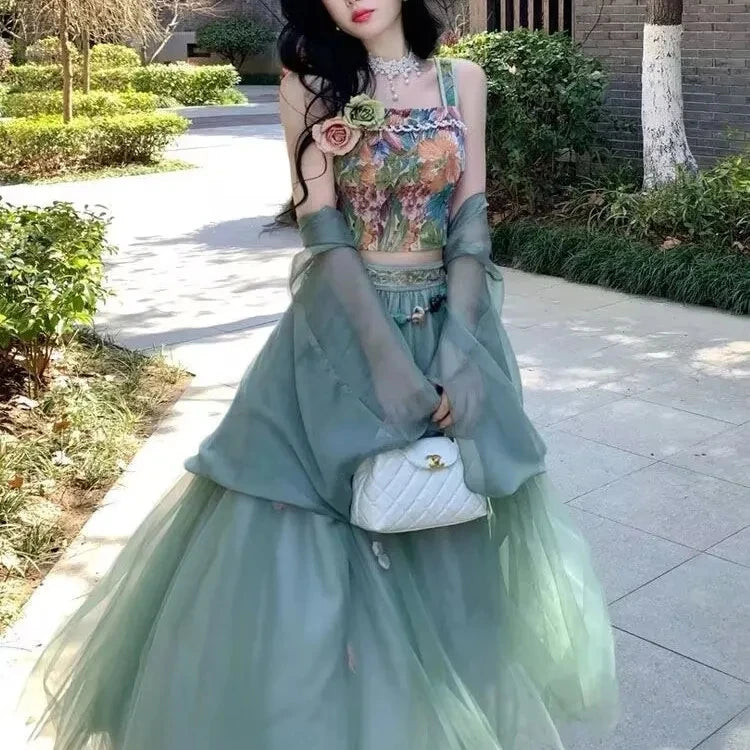 Voguable  Vintage Strap Floral Vest Two-Piece Women's Improved Hanfu New Summer Suit Fashion Chic Y2K Sliming Sweet Suits Skirt voguable