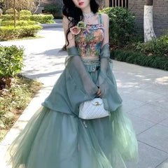 Voguable  Vintage Strap Floral Vest Two-Piece Women's Improved Hanfu New Summer Suit Fashion Chic Y2K Sliming Sweet Suits Skirt voguable
