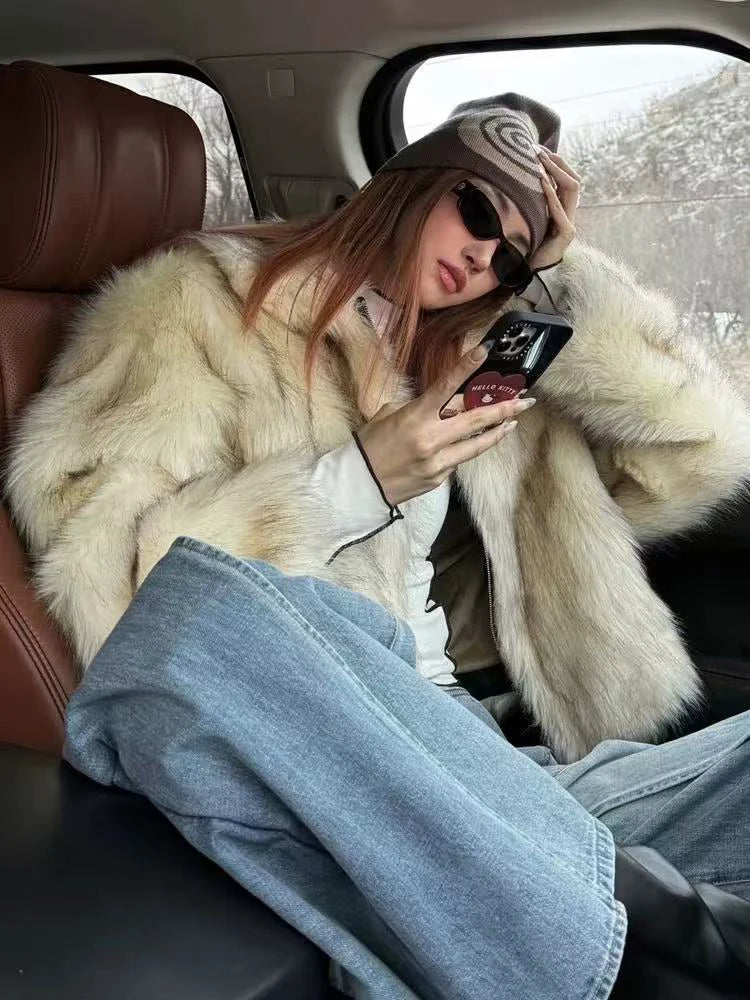 Elegant Faux Fox Fur Coats Women Y2K Winter Thick Warm Casual Plush Jackets Y2K Streetwear All Match Faux Fur Outerwear New voguable
