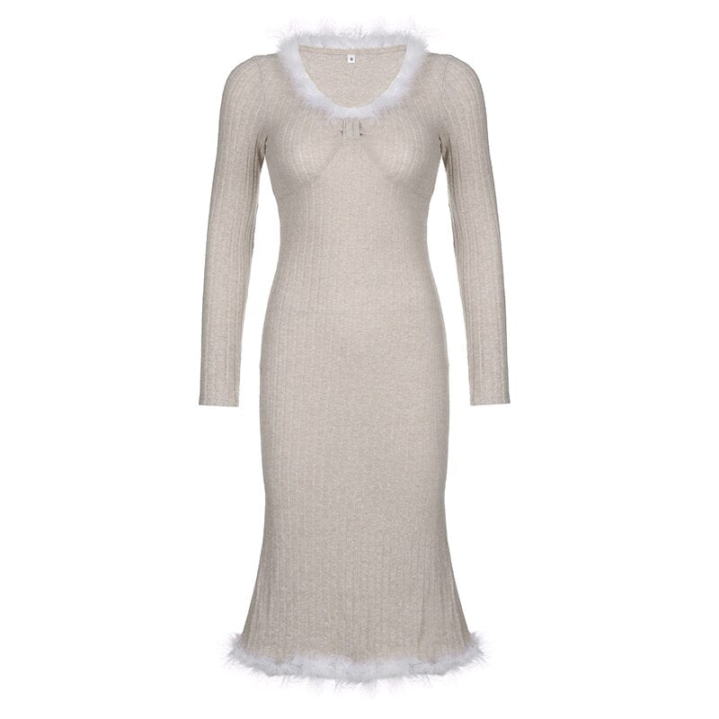 Fur Trim Knitted Slim Casual Long Dress mysite