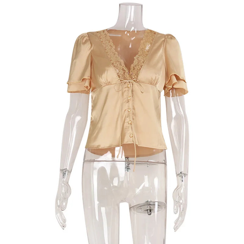 Voguable  Y2K Spicy Girl Street Style Solid Color Lace Splicing Short Women's T-shirt Summer Straightening Slim Fashion Short Sleeve Tops voguable