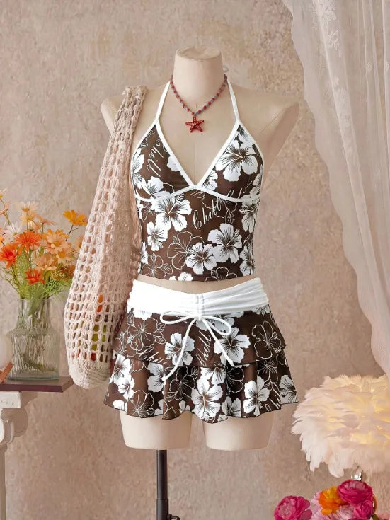 Voguable  Women Floral 3 Piece Tankini Set Halter Neck Tank Top Bikini Brief Drawstring Tiered Ruffle Swim Skirt Tropical Beach Swimwear voguable