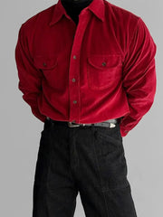 Korean High-end Shirt Temperament Red Corduroy Long-sleeved Shirts Men Women Spring Loose Lazy Trendy Tops Aesthetic Chic Blouse voguable