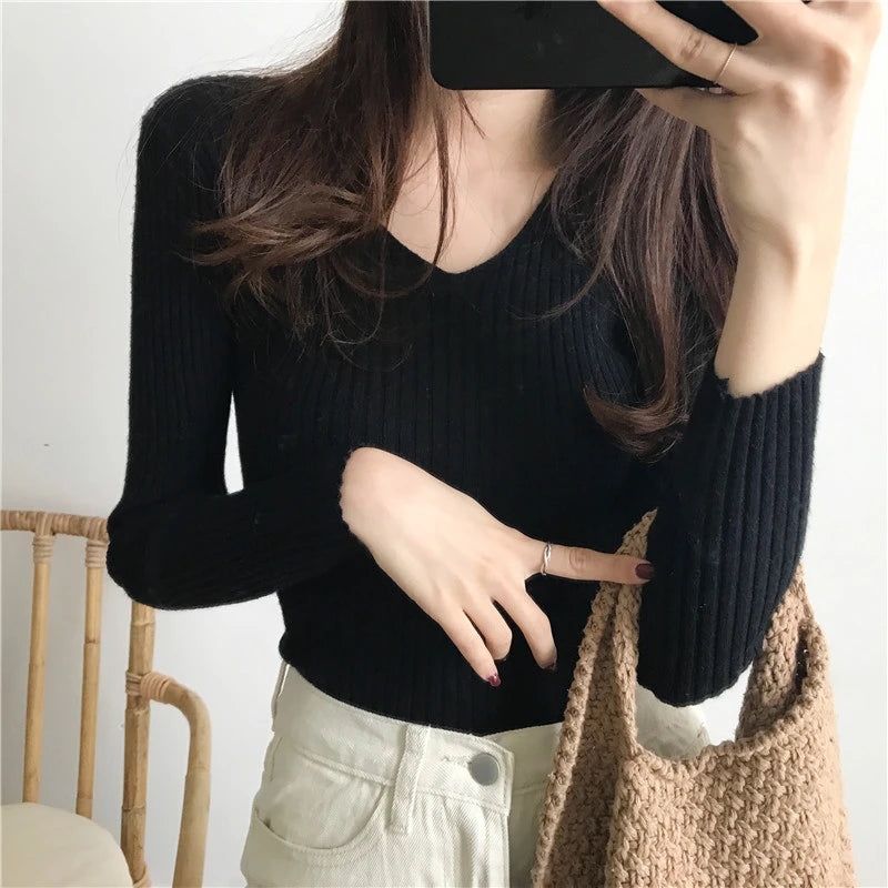 Rib-knit Long Sleeve Top for Women Soft Stretchy V-neck Fitted Knit Top Sweater Pullover Ladies Autumn Winter Layering Outfit voguable