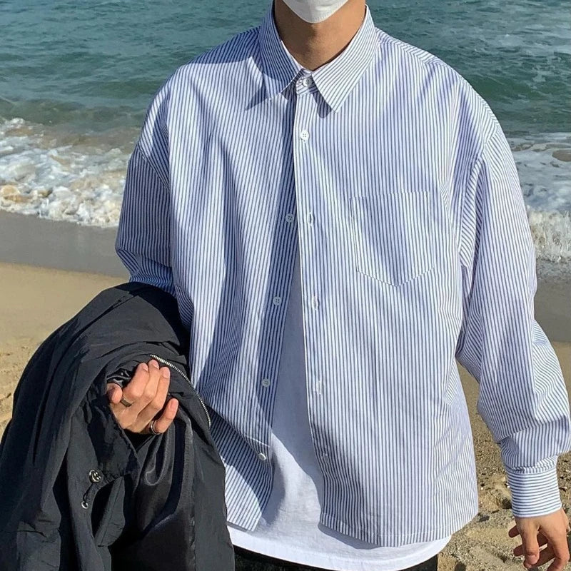 Man Stylish Button Blouse Simple Striped Long Sleeve Summer Spring Cardigan Stripe Blue Classic Casual Oversize Button Up Shirts voguable