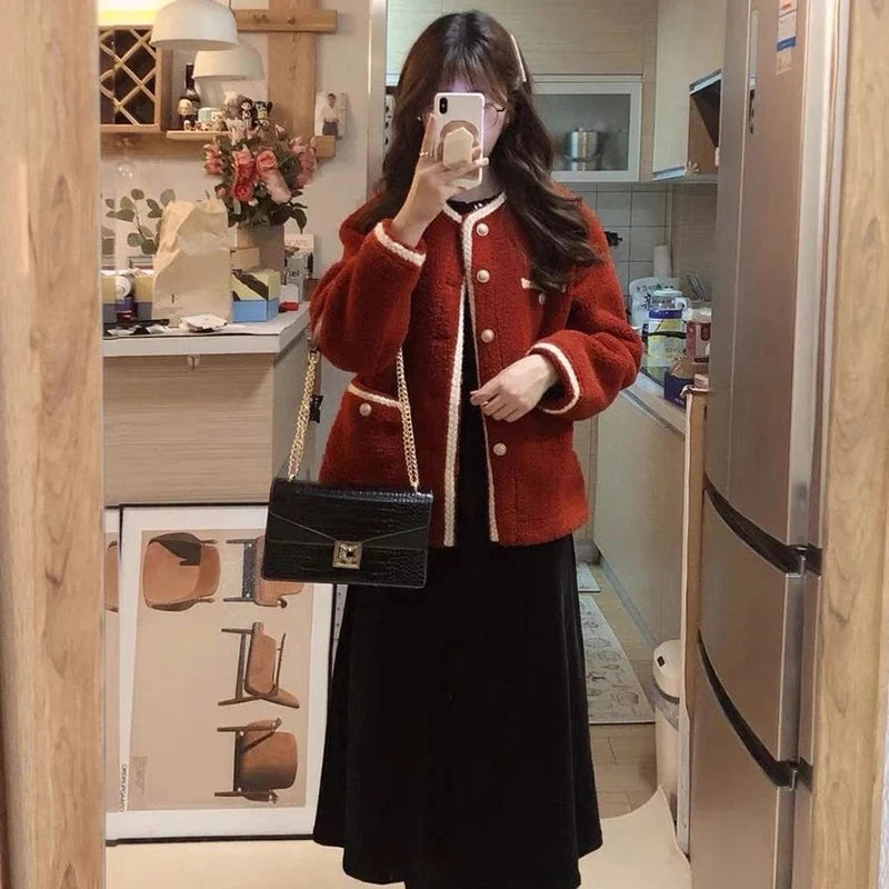 Red Faux Lamb Sweet Coat Women Korean Long Sleeve Winter Warm Jacket Vintage Casual O Neck Elegant Pearls Buttons Cute Tops voguable