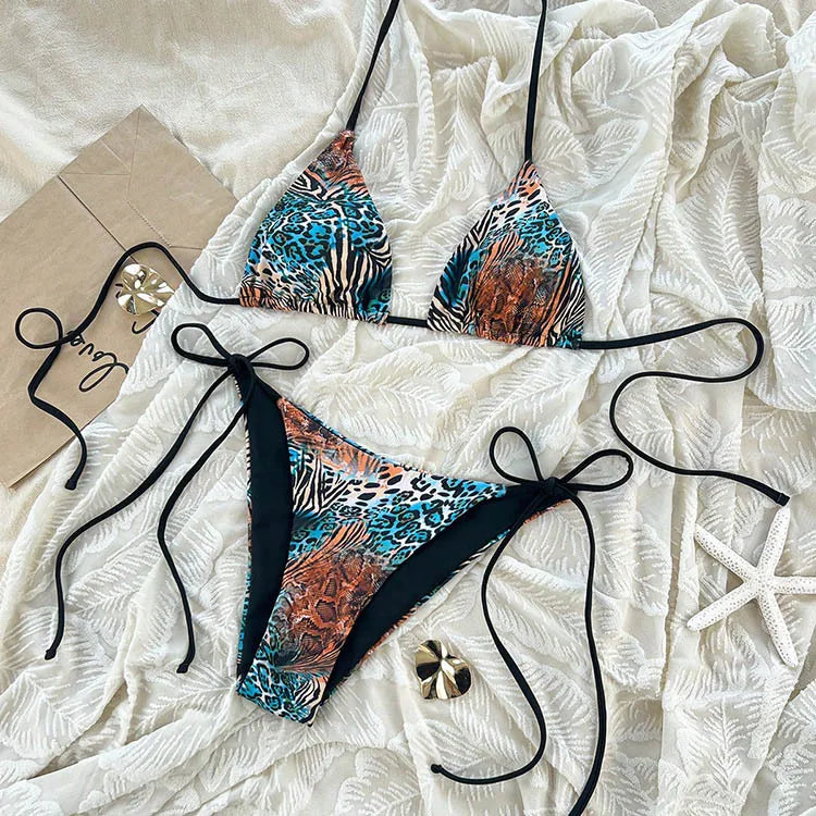 Voguable  Fashion Sexy Leopard Laced Up Bikini Women Split Swimsuit Beach Vacation Bikini All Season Backless Bikini 2 Piece Set voguable