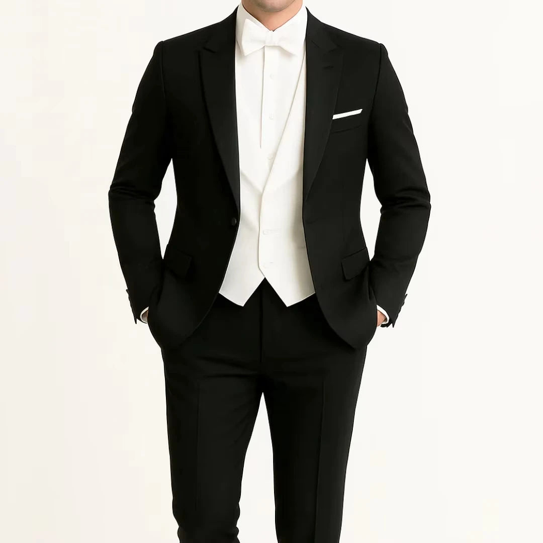 Voguable  Men Suit 3 Piece With Lapel Single Button Slim For Wedding Banquet Birthday Party Business Casual Black Jacket Pants White Vest voguable