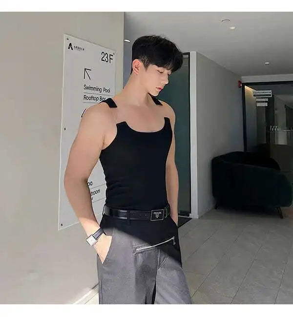 2025 New Fashion Male Vest Patchwork Personality Sleeveless Top Men's Solid Color Slim T-shirt Spring Trendy 9A8204 voguable