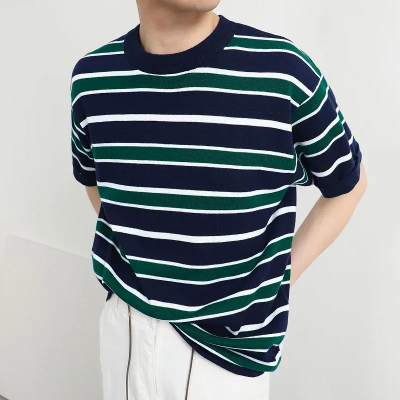 Voguable  Retro American Casual Short-sleeved T-shirt for Men Round Neck Short-sleeved T-shirt Base Shirt for Summer New Stripes for Men voguable