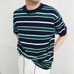 Voguable  Retro American Casual Short-sleeved T-shirt for Men Round Neck Short-sleeved T-shirt Base Shirt for Summer New Stripes for Men voguable