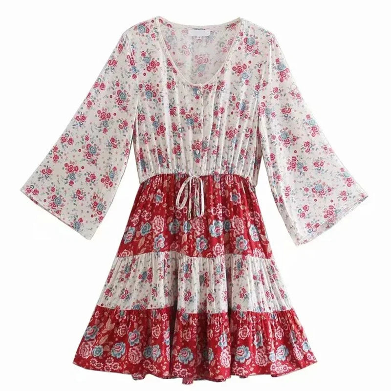Voguable Floral Vintage Mini Dress Pink Holiday Boho Women Dress  Flare Sleeve Summer Holiday Ladies Female Sexy Dresses voguable