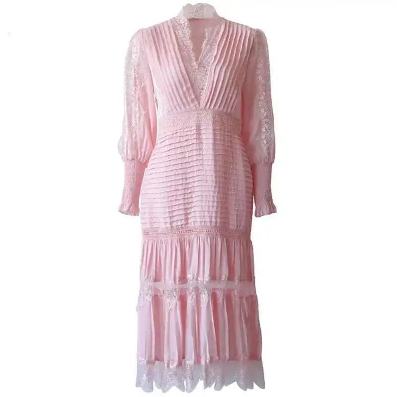 V-neck Lantern Sleeve Lace Stitching Midi Dress Female Clothing Slim Party Dresses For Women Elegant 2025 Summer New voguable