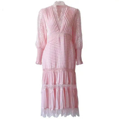 V-neck Lantern Sleeve Lace Stitching Midi Dress Female Clothing Slim Party Dresses For Women Elegant 2025 Summer New voguable