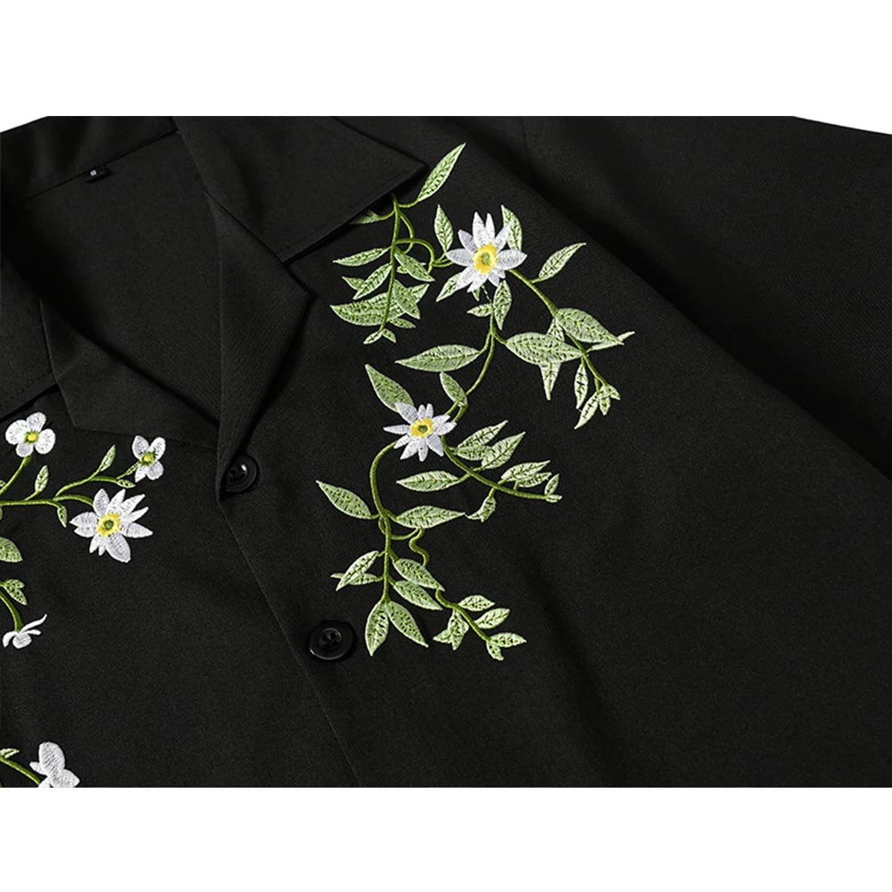 Dark Icon Embroidery Cool Material Men's Shirt Short Sleeve Hawaii Beach Shirts Black Beige voguable
