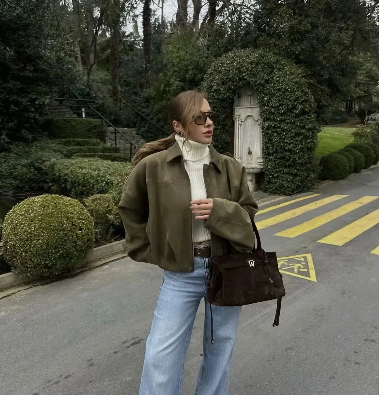 2025 New Fashion Women Green Suede Jacket Spring Lapel Long Sleeve Zipper Oversize Bomber Coat Chic Female High Street Outerwear voguable