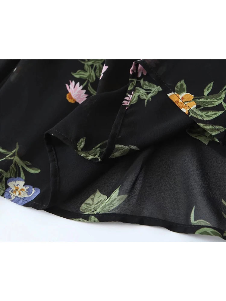 Voguable Summer Fashion Women French Style Floral Print Sling Chiffon Dress Vintage Black Female Midi Robe Prairie Chic voguable