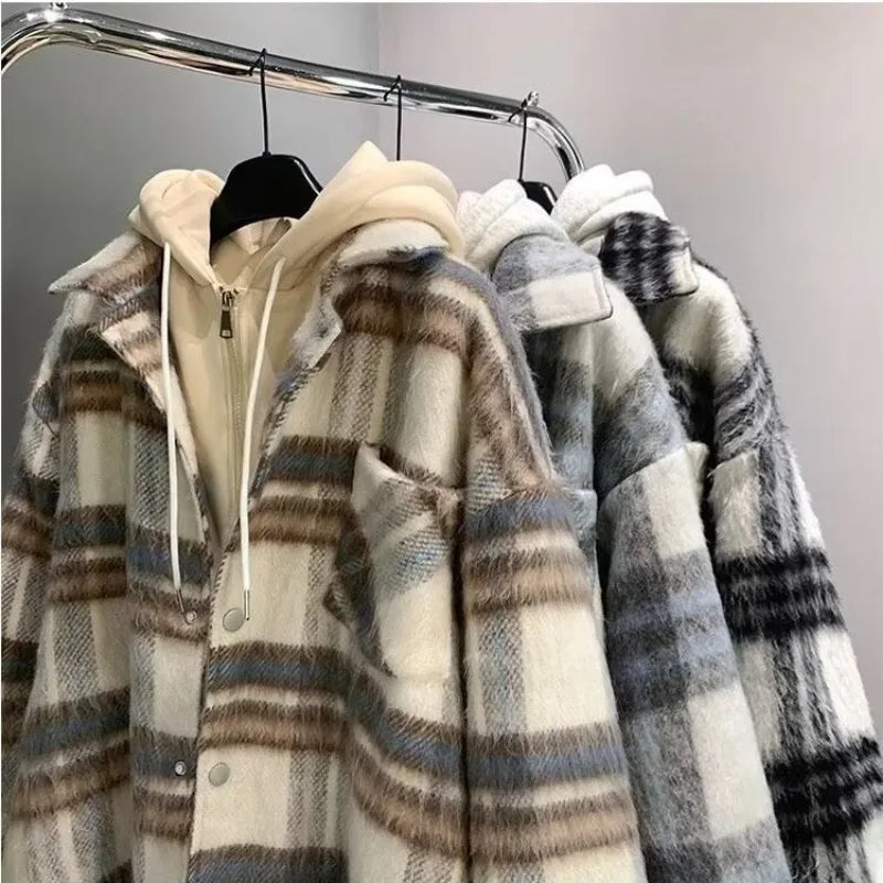 Fake Two-piece Hooded Plaid Jackets for Men and Women Winter Jacket Men 2024 New Loose Casual Zipper American Couple Coats voguable