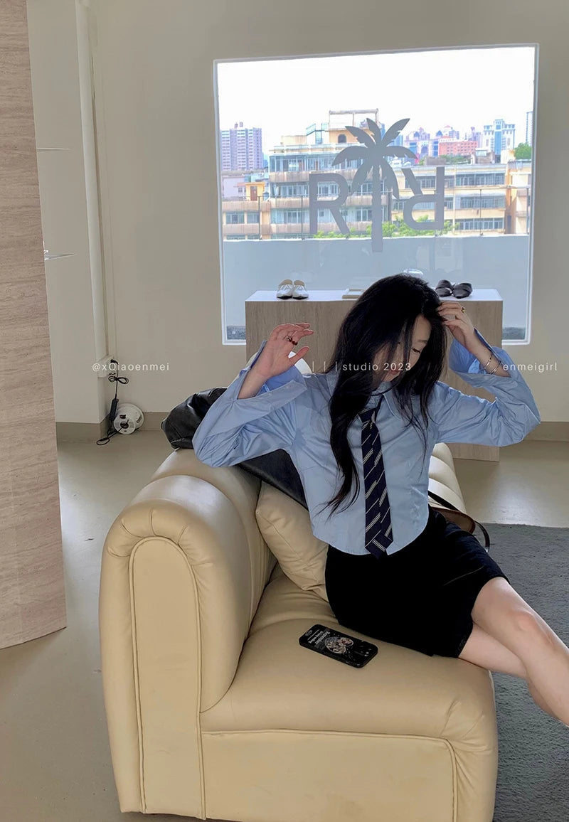 Streetwear Tie Shirts Women Preppy Jk White Long Sleeve Crop Tops Student Korean College Slim Blouses Spring Autumn New voguable