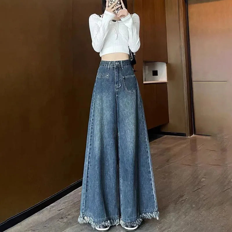 Voguable  Washed Burrs Wide Leg Denim Trousers Women's Spring Autumn New Fashion Vintage High Waist Loose Street Mop Pants voguable