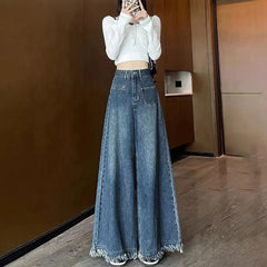 Voguable  Washed Burrs Wide Leg Denim Trousers Women's Spring Autumn New Fashion Vintage High Waist Loose Street Mop Pants voguable