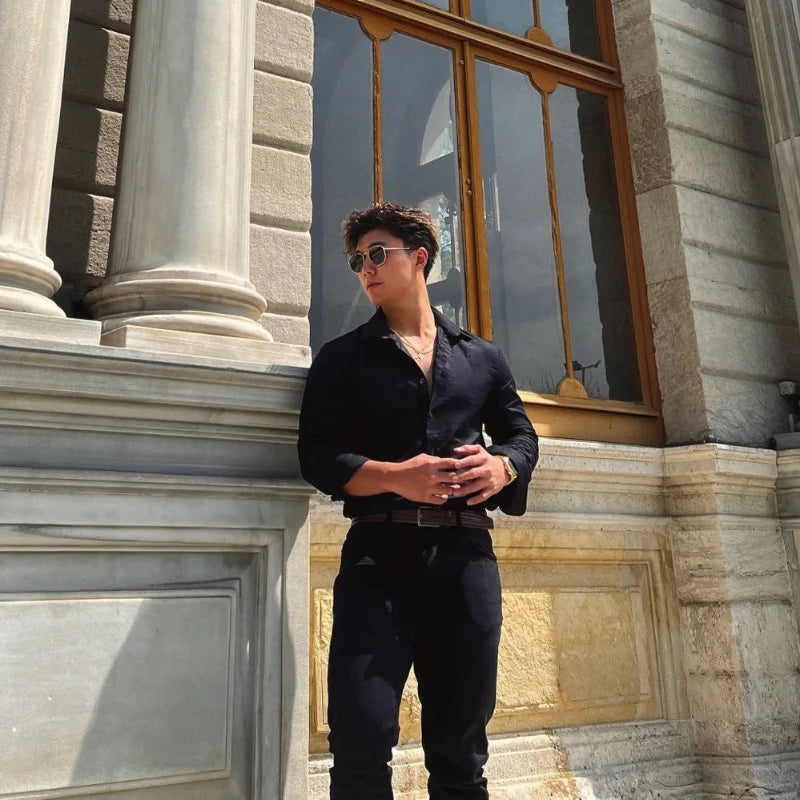 Spring Autumn Fashion Turn-down Collar Long Sleeve Solid Blouse Men's Clothing Korean Casual All-match Button Simplicity Shirts voguable