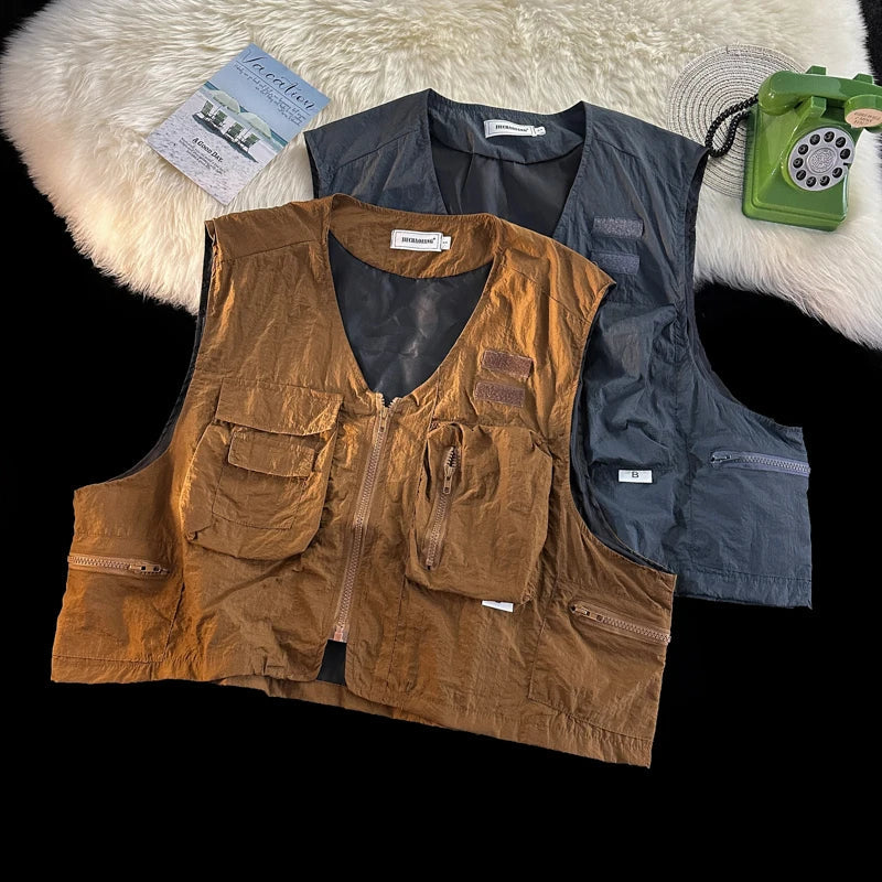 American Outdoor Multi-function Short Vest Jacket Basic Commuting Versatile Vest Cityboy Workwear Waistcoat Aesthetic Urban Chic voguable