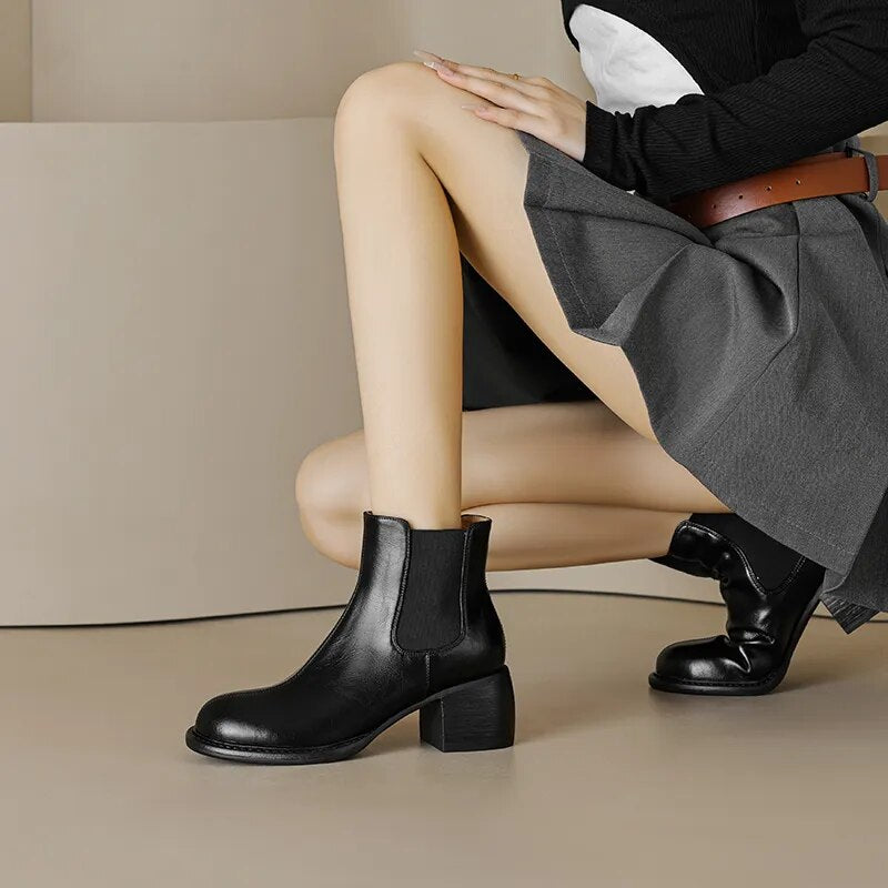 Women Ankle Boots Autumn Winter Office Lady Shoes Woman Genuine Leather Round Toe Thick High Heels New Back Elastic Band Basic voguable