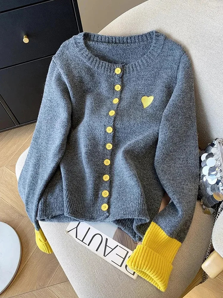 Vintage Love Print Cardigan Women Lazy Wind Patchwork Long Sleeve Knitted Sweaters Casual O Neck Fall Retro Korean Female Tops voguable