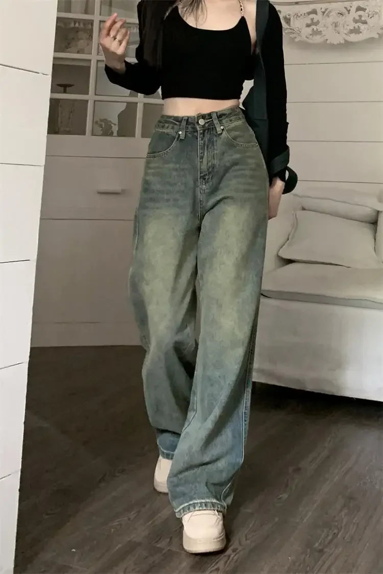 Vintage High-waisted Slimming Jeans American Style Casual Bell Bottoms Versatile Straight-leg Long Pants For Women voguable