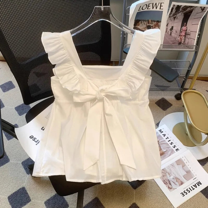 Voguable  Elegant Sweet Square Collar White Blouses New Ruffles Flying Sleeve Shirts Summer Backless Bow Vest for Women voguable