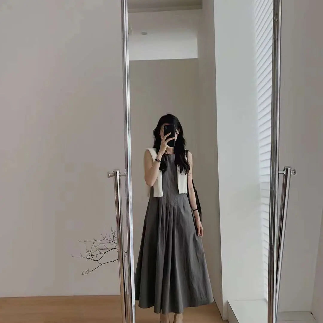 Voguable Women Casual Sleeveless Round Neck Solid Color Dresses 2023 Summer Japan Style Loose Fit High Waist Camisole Elegant Dress voguable