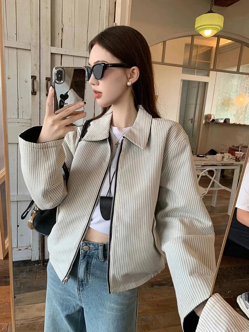 Striped Vintage Y2K Jacket Women Design Double Sided Wear Loose Streetwear Coat Casual American Fall Winter Long Sleeve Top voguable
