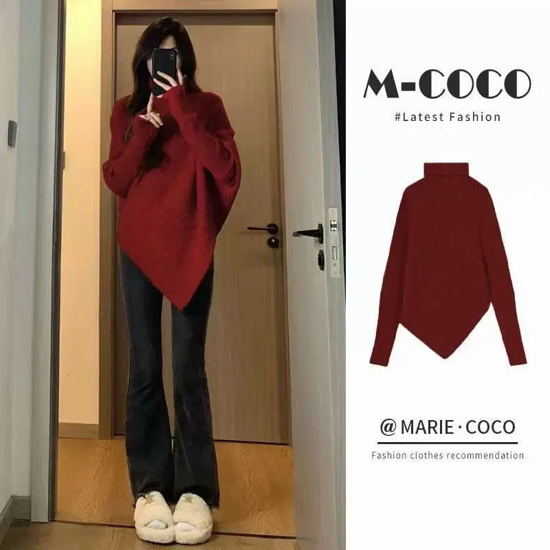 Autumn Winter New Women Sweater Korean Fashion Chic Casual Turtleneck Solid Asymmetr Loose Batwing Sleeve Pullovers Knitted Tops voguable